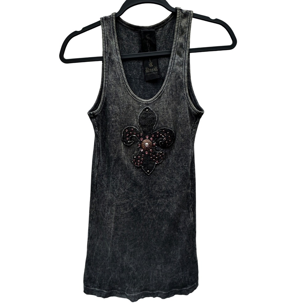 Concrete Rose Vtg Y2K Acid Wash Fleur De Lis Studded Tank Top Women Medium
